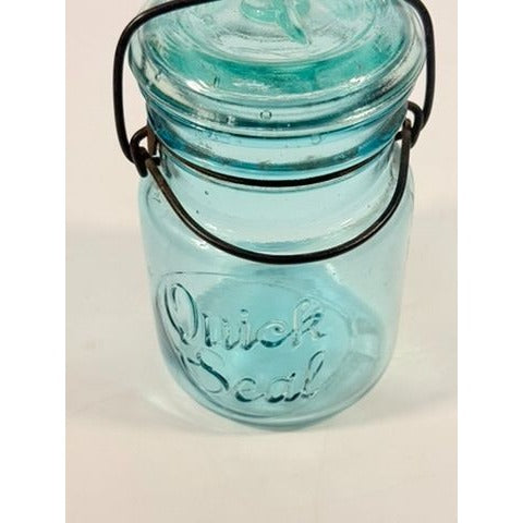 Canning Fruit Jar Quick Seal Ball Pint Size Wire Bail Aqua Blue Bubble Glass Lid Turquiose Vintage 1908 Antique Farmhouse Primitive Granny