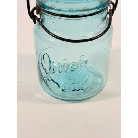 Canning Fruit Jar Quick Seal Ball Pint Size Wire Bail Aqua Blue Bubble Glass Lid Turquiose Vintage 1908 Antique Farmhouse Primitive Granny