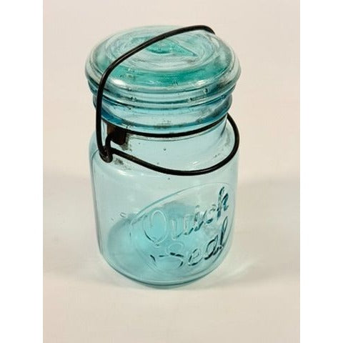 Canning Fruit Jar Quick Seal Ball Pint Size Wire Bail Aqua Blue Bubble Glass Lid Turquiose Vintage 1908 Antique Farmhouse Primitive Granny