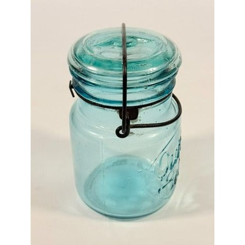 Canning Fruit Jar Quick Seal Ball Pint Size Wire Bail Aqua Blue Bubble Glass Lid Turquiose Vintage 1908 Antique Farmhouse Primitive Granny