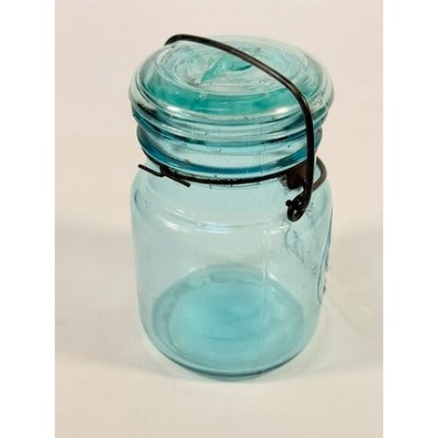 Canning Fruit Jar Quick Seal Ball Pint Size Wire Bail Aqua Blue Bubble Glass Lid Turquiose Vintage 1908 Antique Farmhouse Primitive Granny