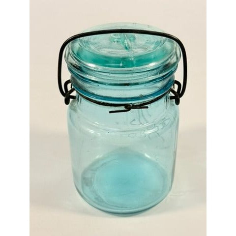 Canning Fruit Jar Quick Seal Ball Pint Size Wire Bail Aqua Blue Bubble Glass Lid Turquiose Vintage 1908 Antique Farmhouse Primitive Granny