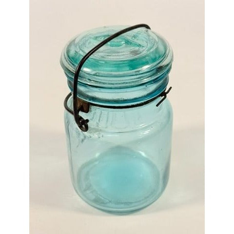 Canning Fruit Jar Quick Seal Ball Pint Size Wire Bail Aqua Blue Bubble Glass Lid Turquiose Vintage 1908 Antique Farmhouse Primitive Granny