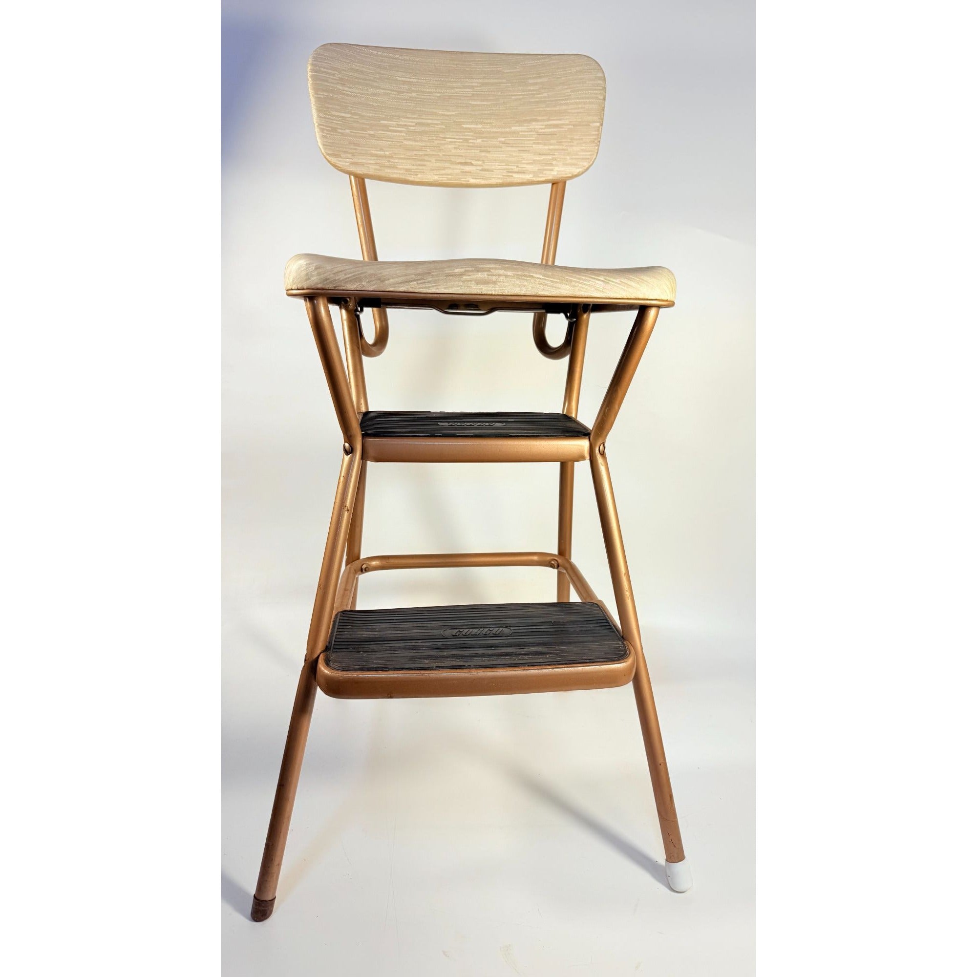Costco folding step stool chair Vintage Silver Vinyl Fabric metal | Mid century rustic plant stand Retro industrial kitchen decor Granny