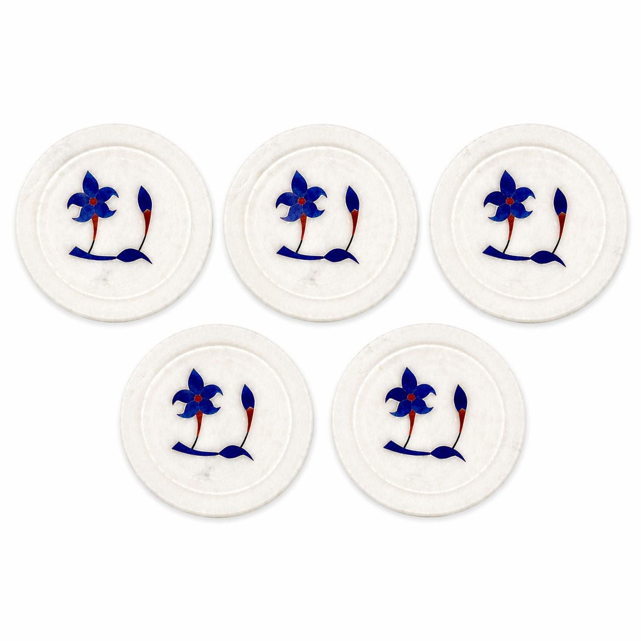 Marble Coaster Set 5 Lapis Lazuli Inlay Stone Floral Barware Decor Replacement Soapstone Unique Vintage Handcrafted Hand Carved Flowers