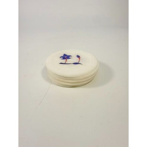 Marble Coaster Set 5 Lapis Lazuli Inlay Stone Floral Barware Decor Replacement Soapstone Unique Vintage Handcrafted Hand Carved Flowers