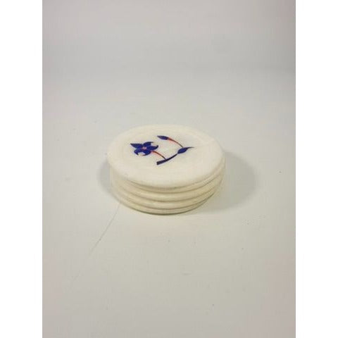 Marble Coaster Set 5 Lapis Lazuli Inlay Stone Floral Barware Decor Replacement Soapstone Unique Vintage Handcrafted Hand Carved Flowers