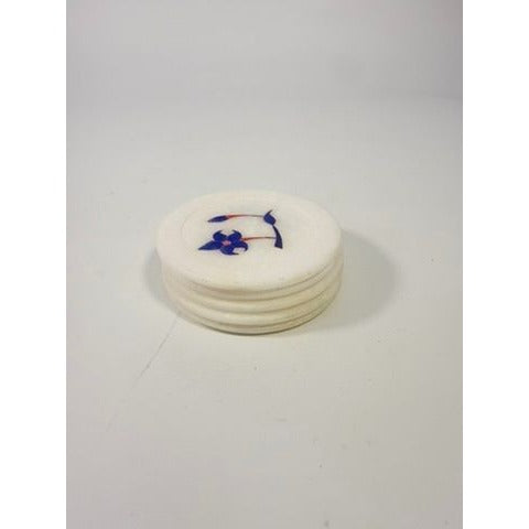 Marble Coaster Set 5 Lapis Lazuli Inlay Stone Floral Barware Decor Replacement Soapstone Unique Vintage Handcrafted Hand Carved Flowers