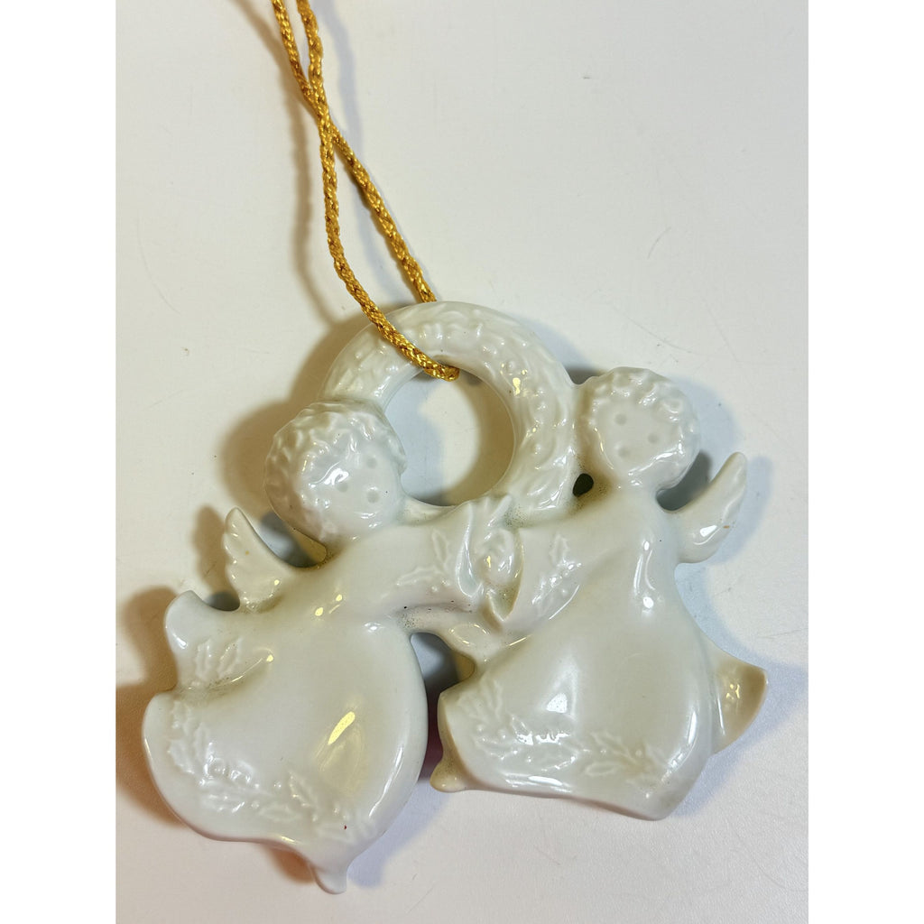 Christmas Tree Ornament Caroling Wreath Haviland Limoges Signed France 1986 Artisit SIgned Vintage Poreceain Holiday Seasonal White