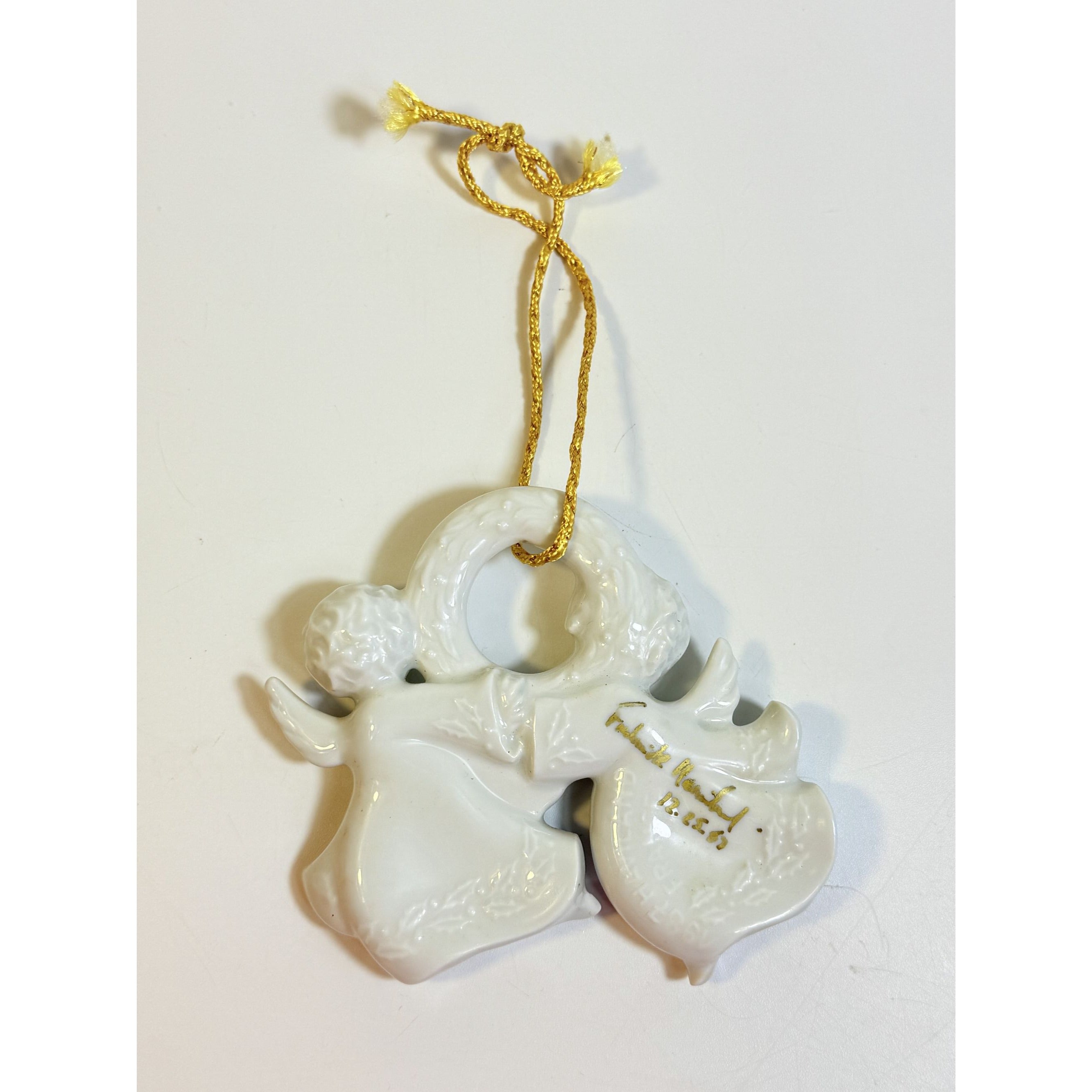 Christmas Tree Ornament Caroling Wreath Haviland Limoges Signed France 1986 Artisit SIgned Vintage Poreceain Holiday Seasonal White