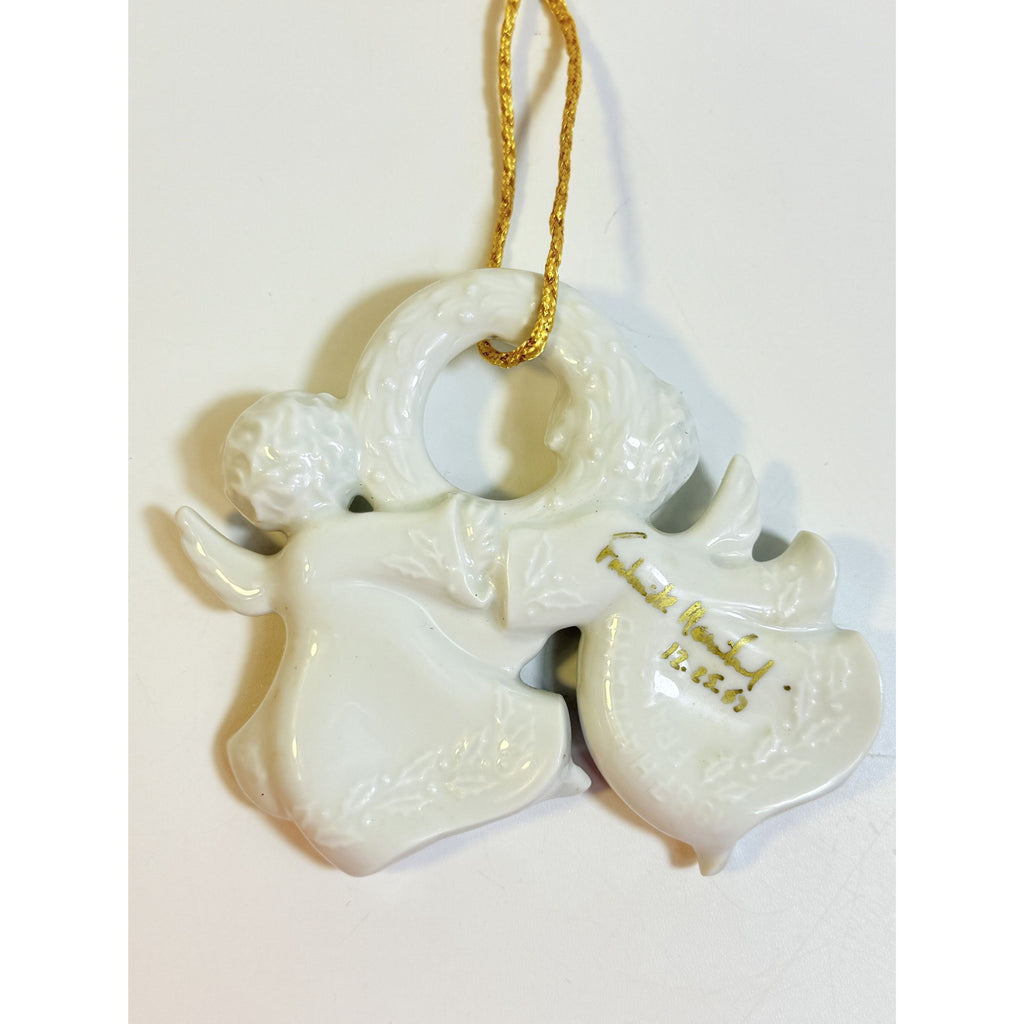 Christmas Tree Ornament Caroling Wreath Haviland Limoges Signed France 1986 Artisit SIgned Vintage Poreceain Holiday Seasonal White