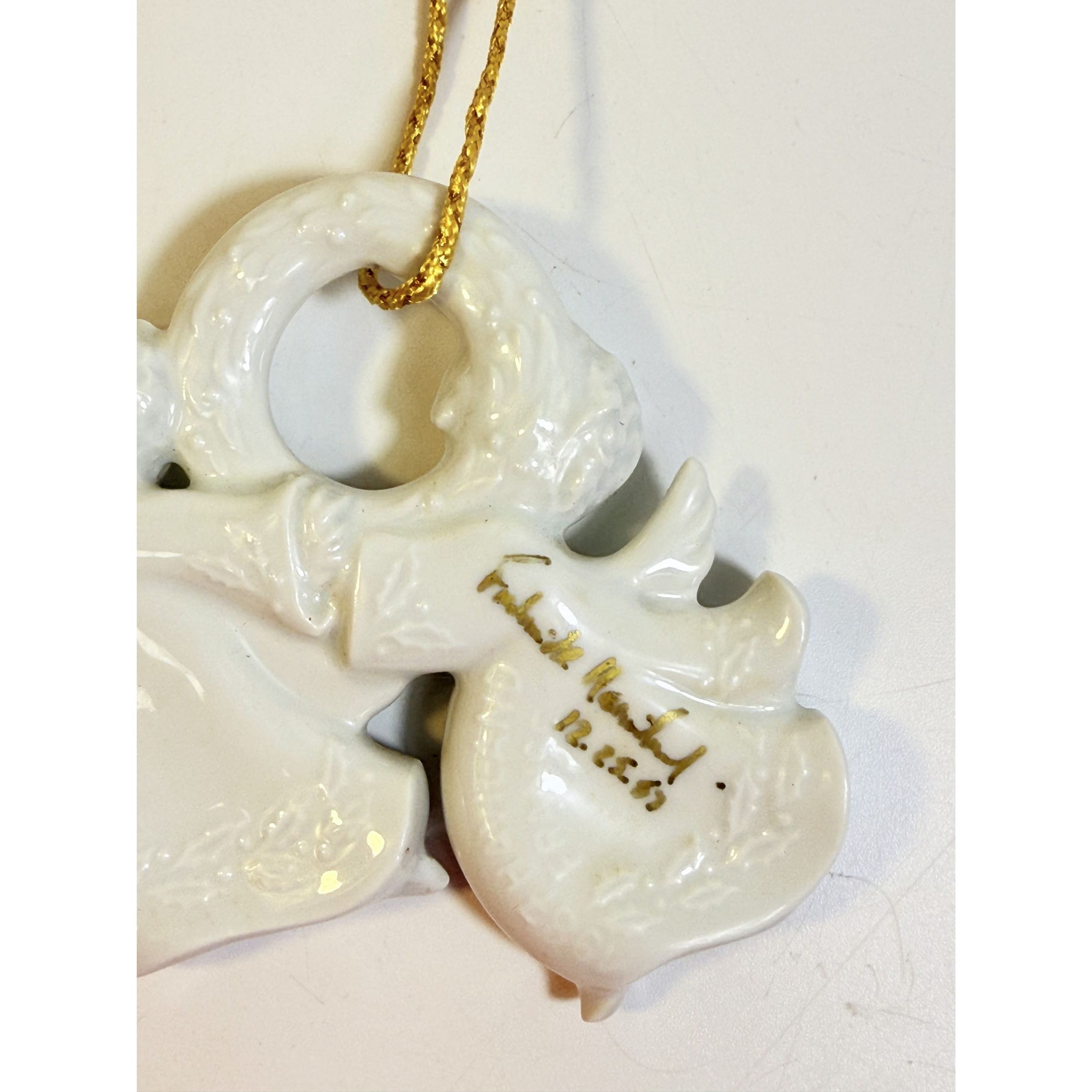 Christmas Tree Ornament Caroling Wreath Haviland Limoges Signed France 1986 Artisit SIgned Vintage Poreceain Holiday Seasonal White