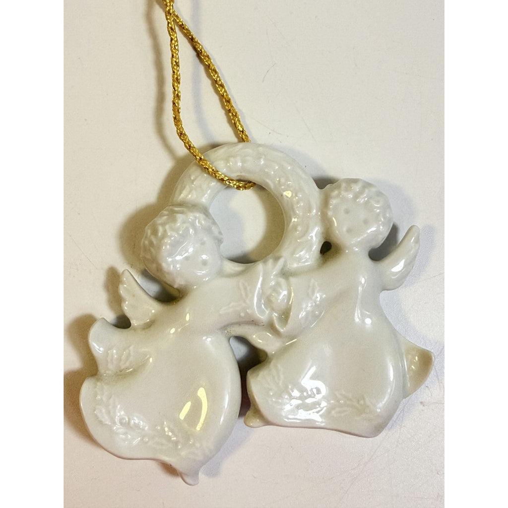 Christmas Tree Ornament Caroling Wreath Haviland Limoges Signed France 1986 Artisit SIgned Vintage Poreceain Holiday Seasonal White