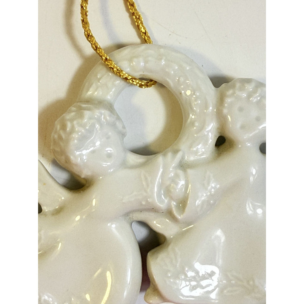 Christmas Tree Ornament Caroling Wreath Haviland Limoges Signed France 1986 Artisit SIgned Vintage Poreceain Holiday Seasonal White