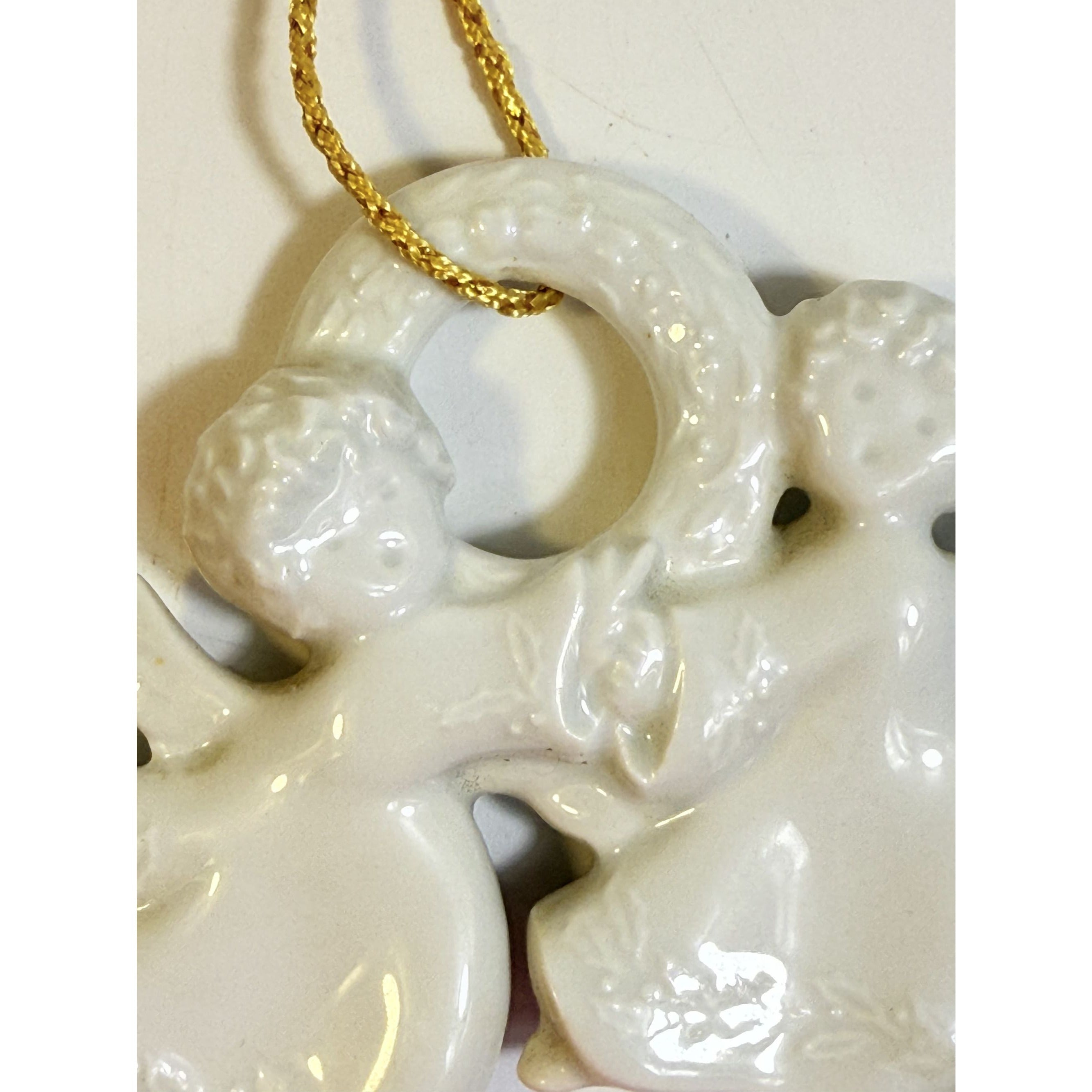 Christmas Tree Ornament Caroling Wreath Haviland Limoges Signed France 1986 Artisit SIgned Vintage Poreceain Holiday Seasonal White
