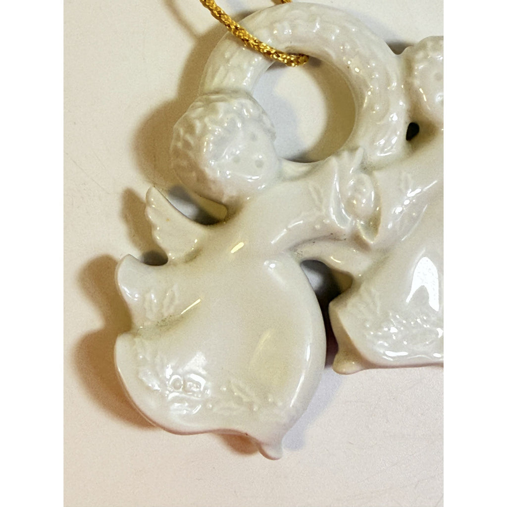 Christmas Tree Ornament Caroling Wreath Haviland Limoges Signed France 1986 Artisit SIgned Vintage Poreceain Holiday Seasonal White