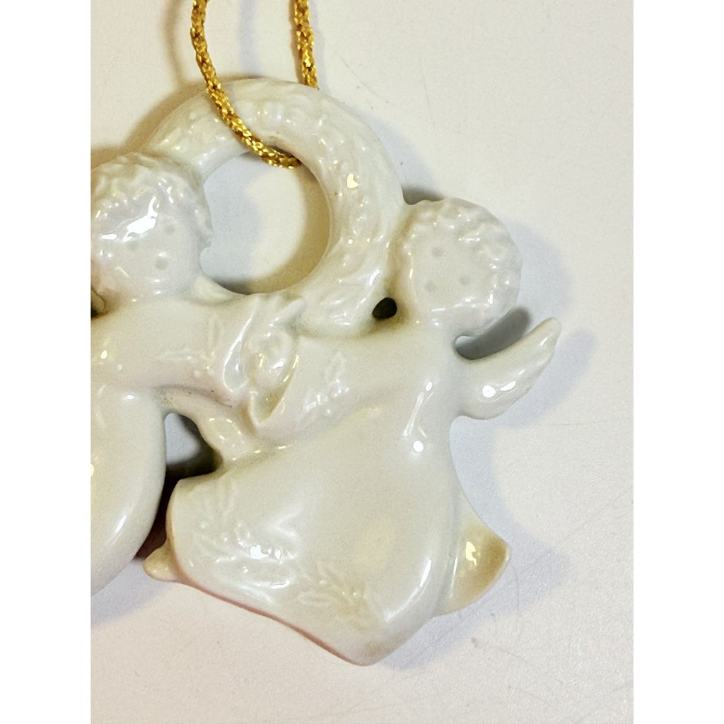 Christmas Tree Ornament Caroling Wreath Haviland Limoges Signed France 1986 Artisit SIgned Vintage Poreceain Holiday Seasonal White