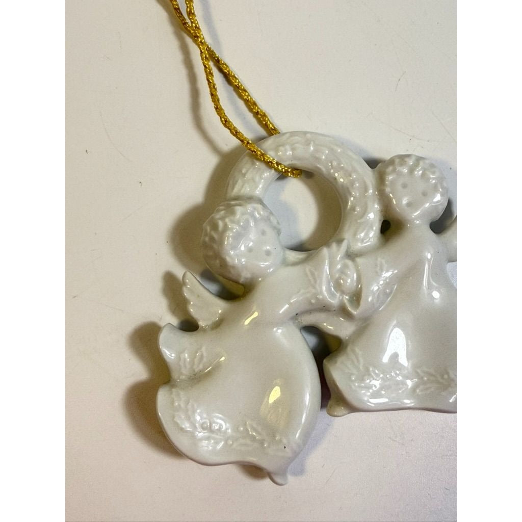 Christmas Tree Ornament Caroling Wreath Haviland Limoges Signed France 1986 Artisit SIgned Vintage Poreceain Holiday Seasonal White