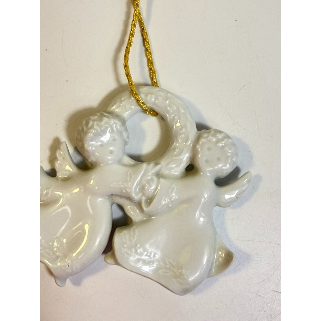Christmas Tree Ornament Caroling Wreath Haviland Limoges Signed France 1986 Artisit SIgned Vintage Poreceain Holiday Seasonal White