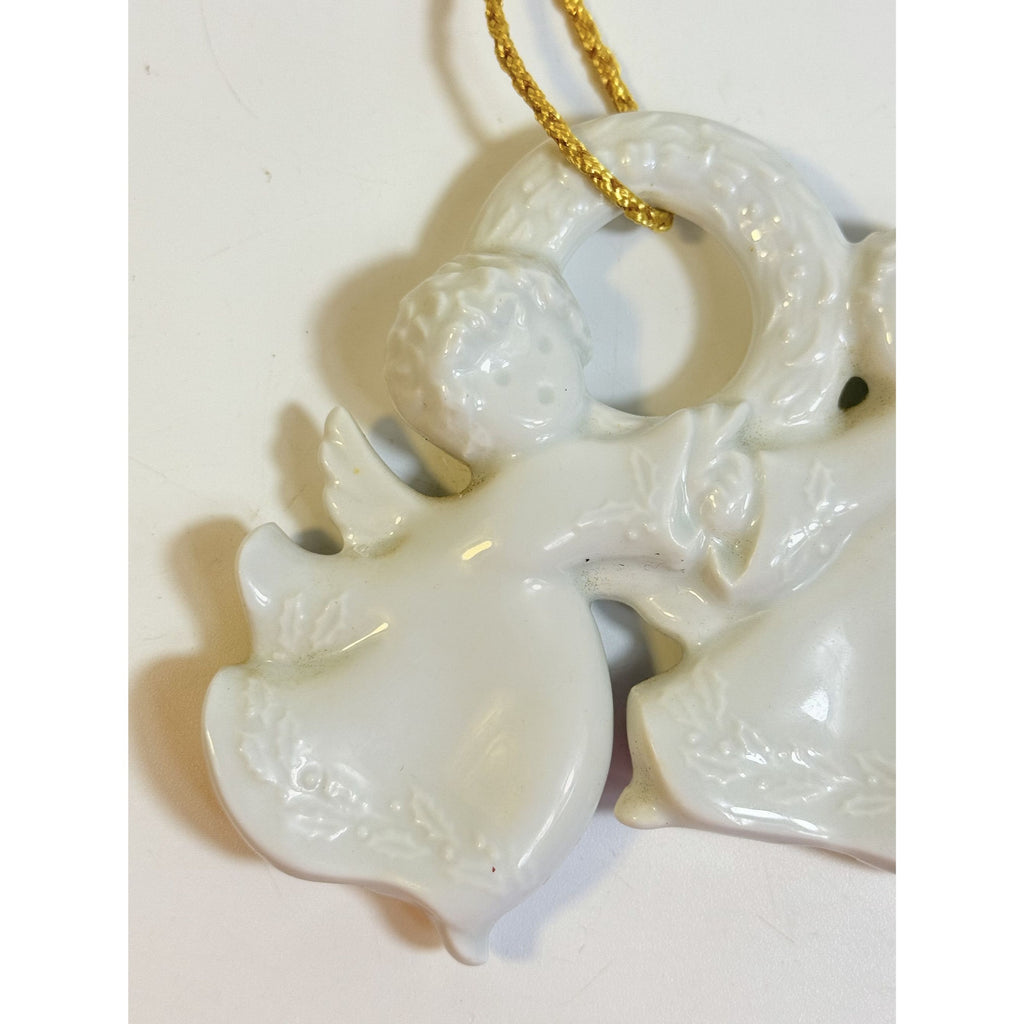 Christmas Tree Ornament Caroling Wreath Haviland Limoges Signed France 1986 Artisit SIgned Vintage Poreceain Holiday Seasonal White
