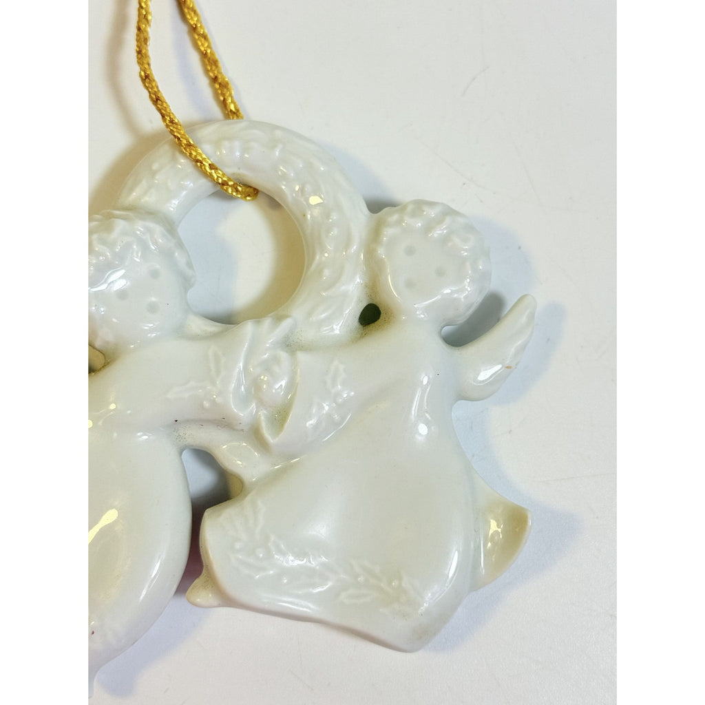 Christmas Tree Ornament Caroling Wreath Haviland Limoges Signed France 1986 Artisit SIgned Vintage Poreceain Holiday Seasonal White