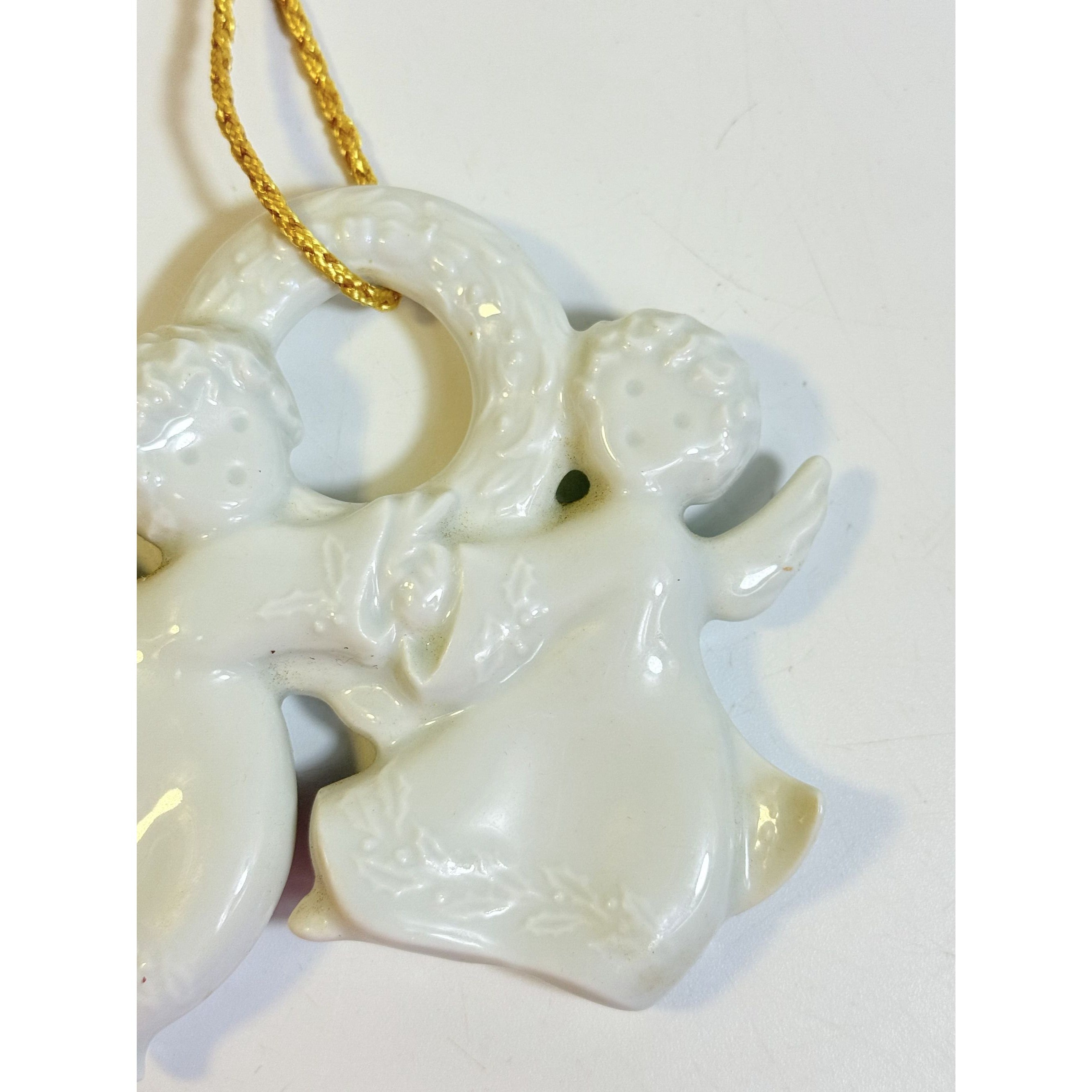 Christmas Tree Ornament Caroling Wreath Haviland Limoges Signed France 1986 Artisit SIgned Vintage Poreceain Holiday Seasonal White