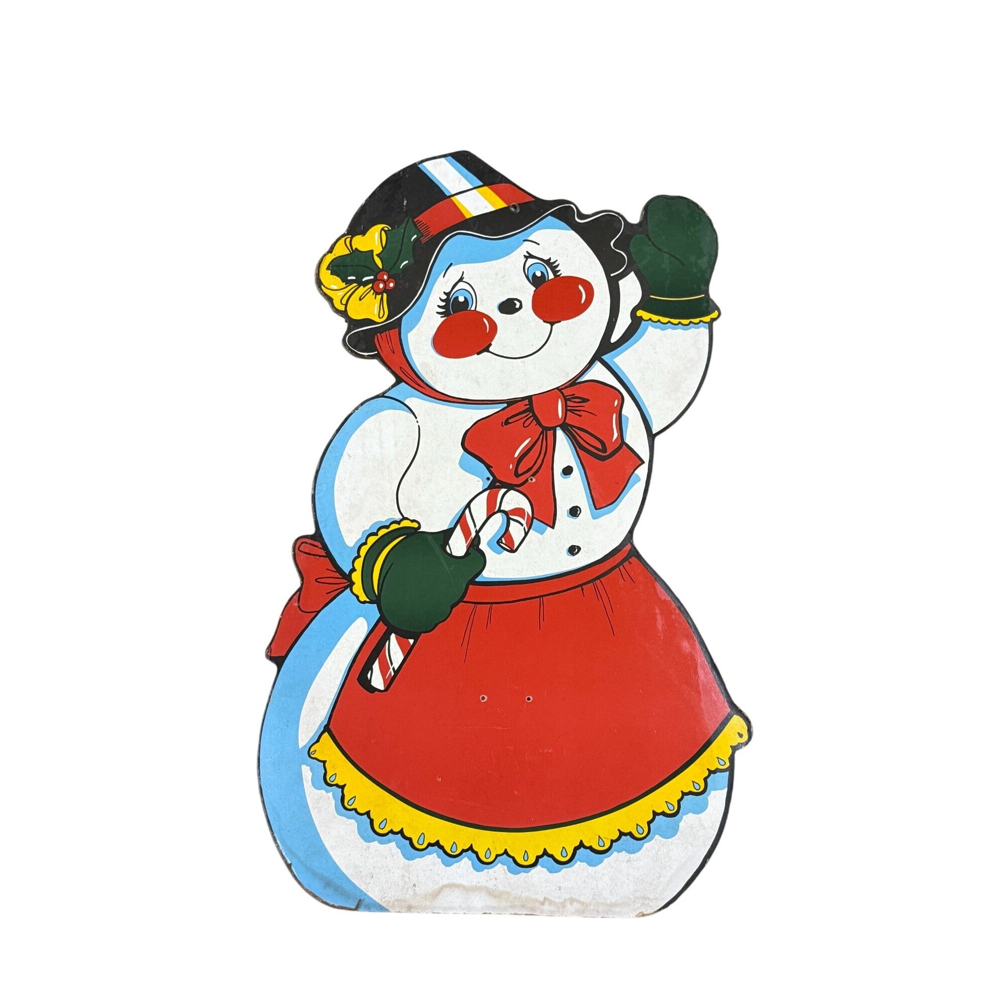 Mrs Ms Snowman Cutout Wall Decor 1950’s-1960’s Era Masonite Board Vintage Christmas Cartoon Mid Century Retro Holiday Seasonal Decor