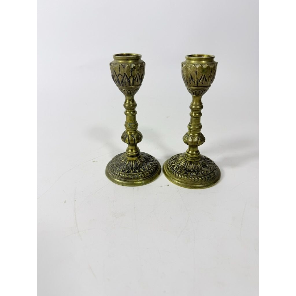 English Brass Candlesticks Pair Embossed Peerage England  Stamped Candle Holder Vintage Leaf Design Home Table Decor Decorative Accent