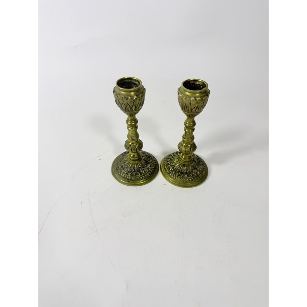 English Brass Candlesticks Pair Embossed Peerage England  Stamped Candle Holder Vintage Leaf Design Home Table Decor Decorative Accent