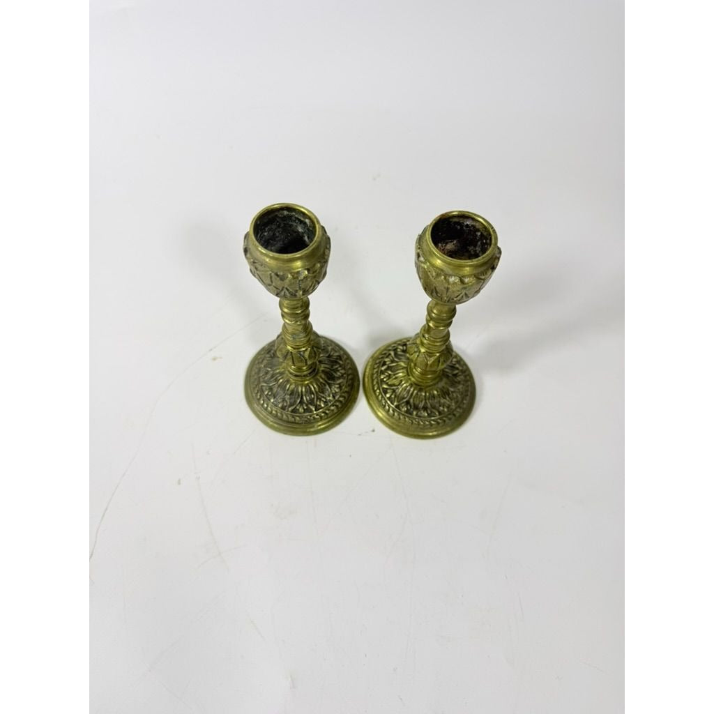 English Brass Candlesticks Pair Embossed Peerage England  Stamped Candle Holder Vintage Leaf Design Home Table Decor Decorative Accent