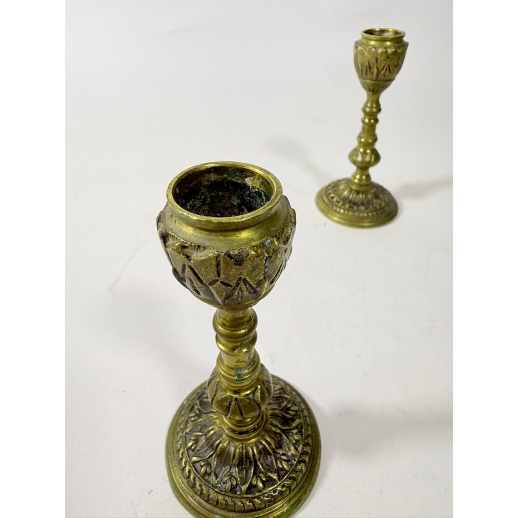 English Brass Candlesticks Pair Embossed Peerage England  Stamped Candle Holder Vintage Leaf Design Home Table Decor Decorative Accent