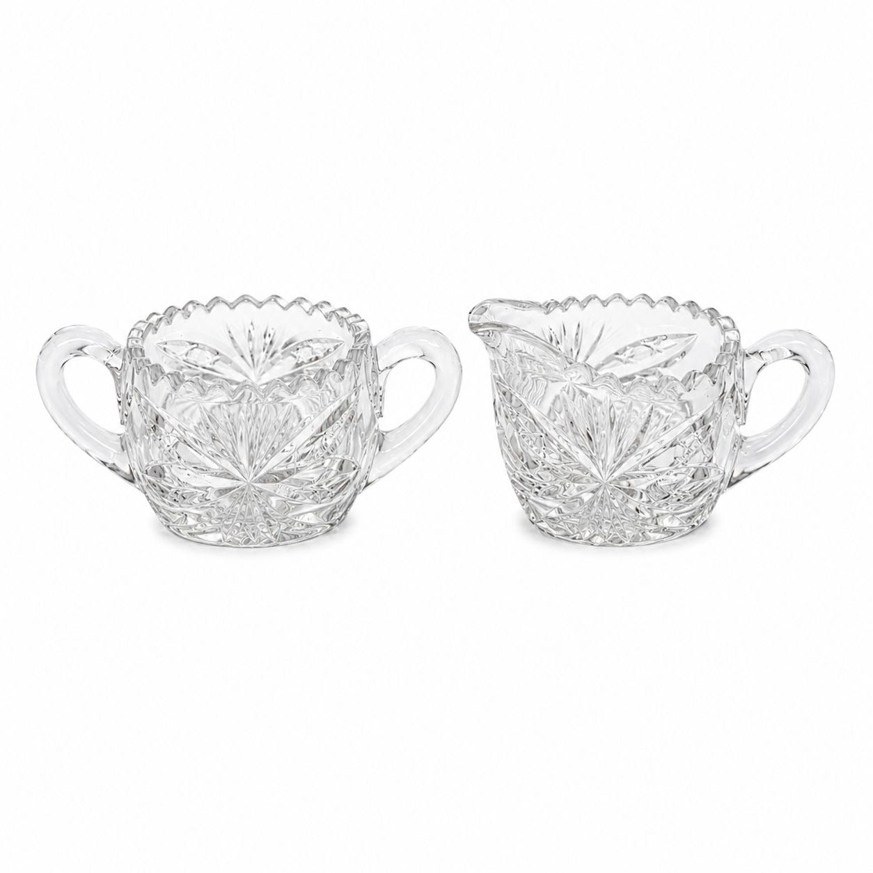 Creamer and Sugar Bowl Set Leaded Crystal American Brilliant Period Antique Replacement Glassware Vintage Party Hostess