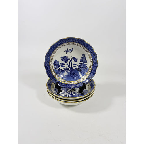 Bowl Coup Cereal Set 4 Booths Real Old Willow Blue Gold Trim Vintage Replacement China Traditional Oriental Chinoiserie England