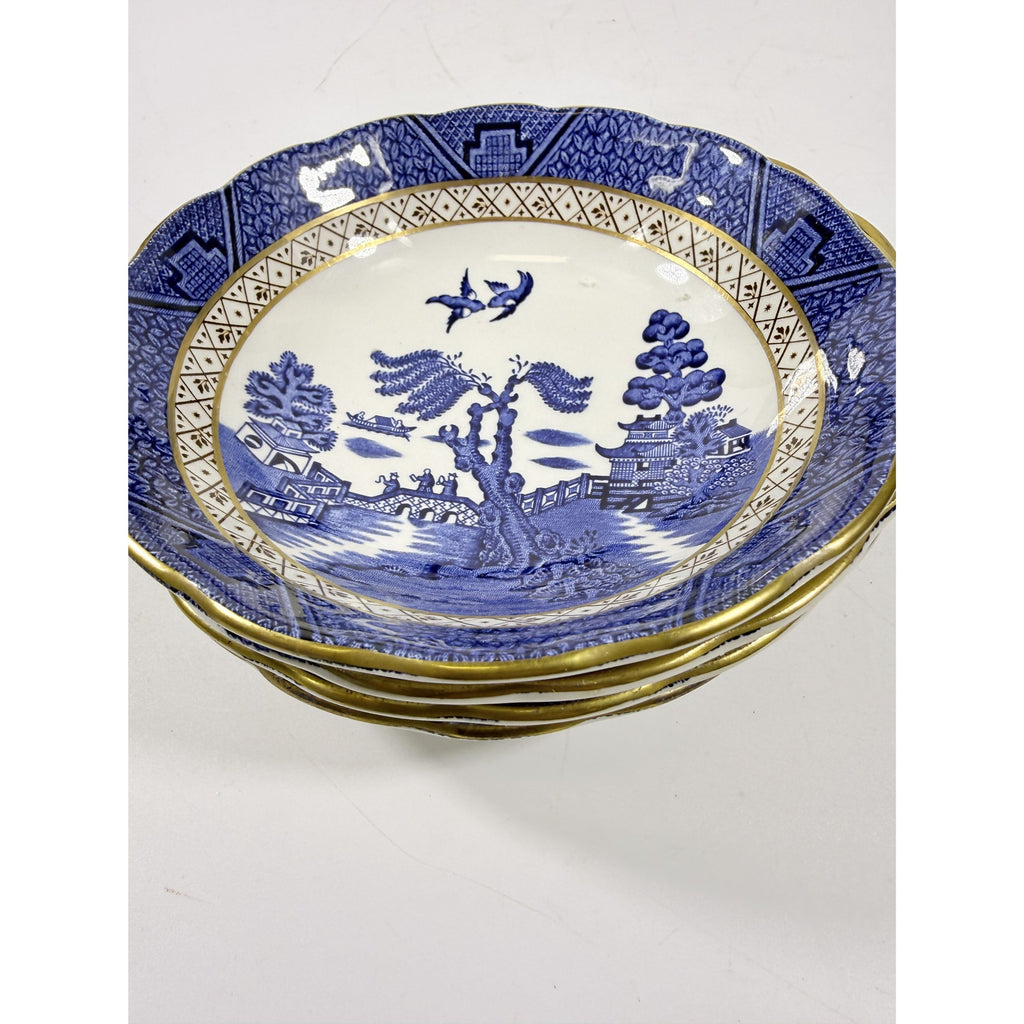 Bowl Coup Cereal Set 4 Booths Real Old Willow Blue Gold Trim Vintage Replacement China Traditional Oriental Chinoiserie England