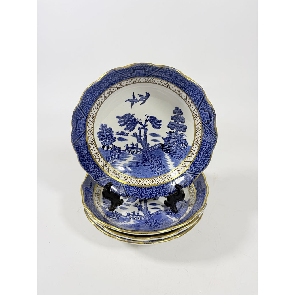 Bowl Coup Cereal Set 4 Booths Real Old Willow Blue Gold Trim Vintage Replacement China Traditional Oriental Chinoiserie England