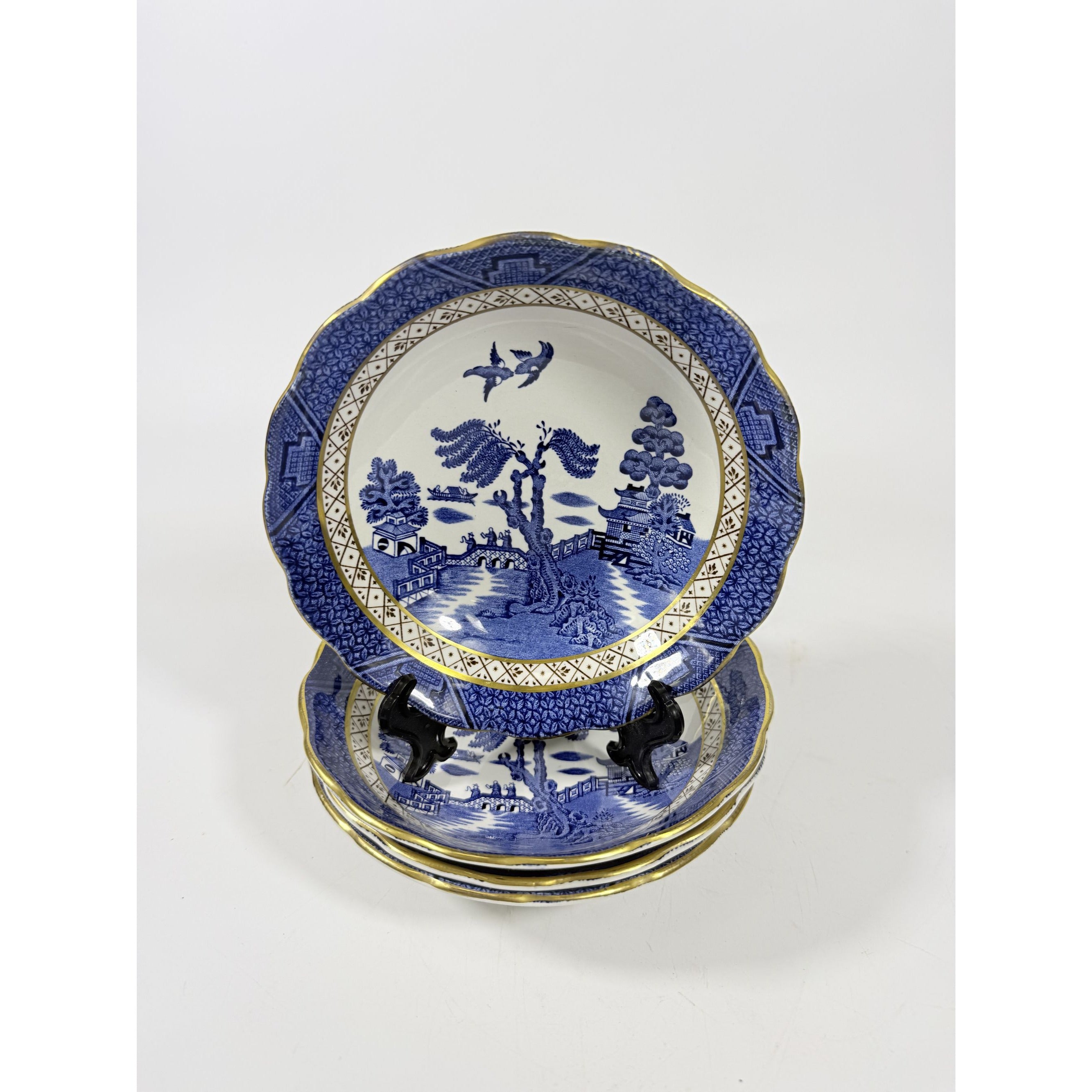 Bowl Coup Cereal Set 4 Booths Real Old Willow Blue Gold Trim Vintage Replacement China Traditional Oriental Chinoiserie England