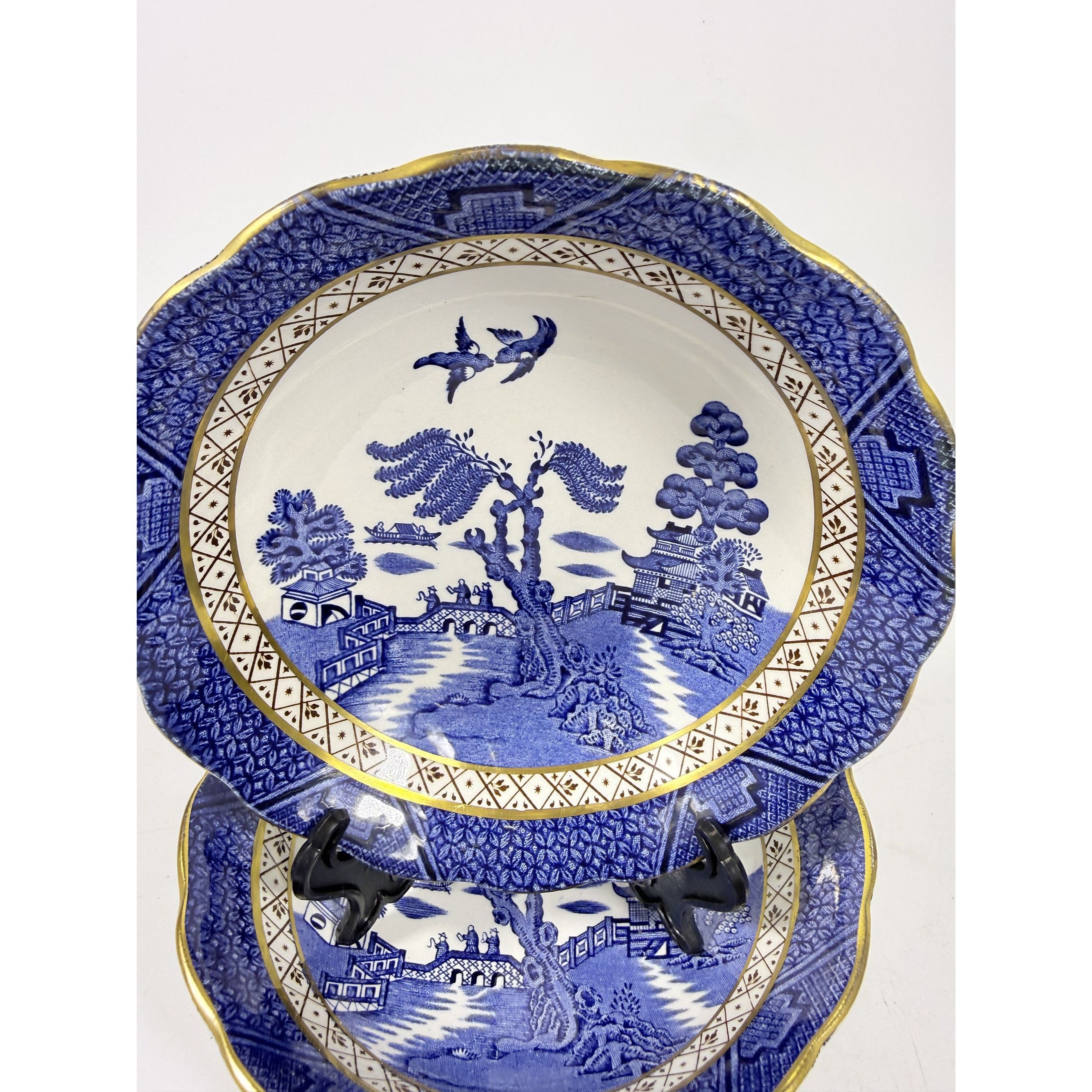 Bowl Coup Cereal Set 4 Booths Real Old Willow Blue Gold Trim Vintage Replacement China Traditional Oriental Chinoiserie England