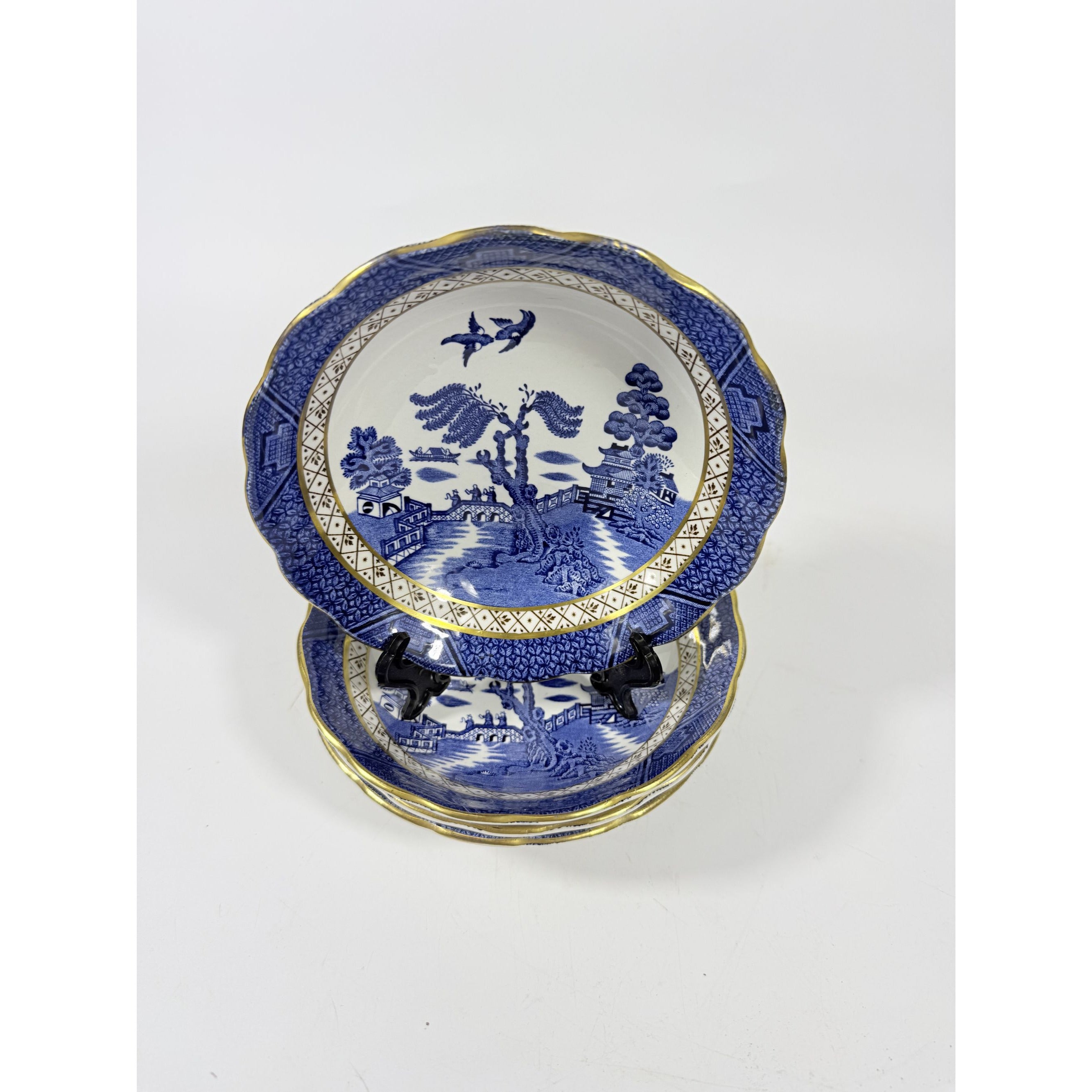 Bowl Coup Cereal Set 4 Booths Real Old Willow Blue Gold Trim Vintage Replacement China Traditional Oriental Chinoiserie England