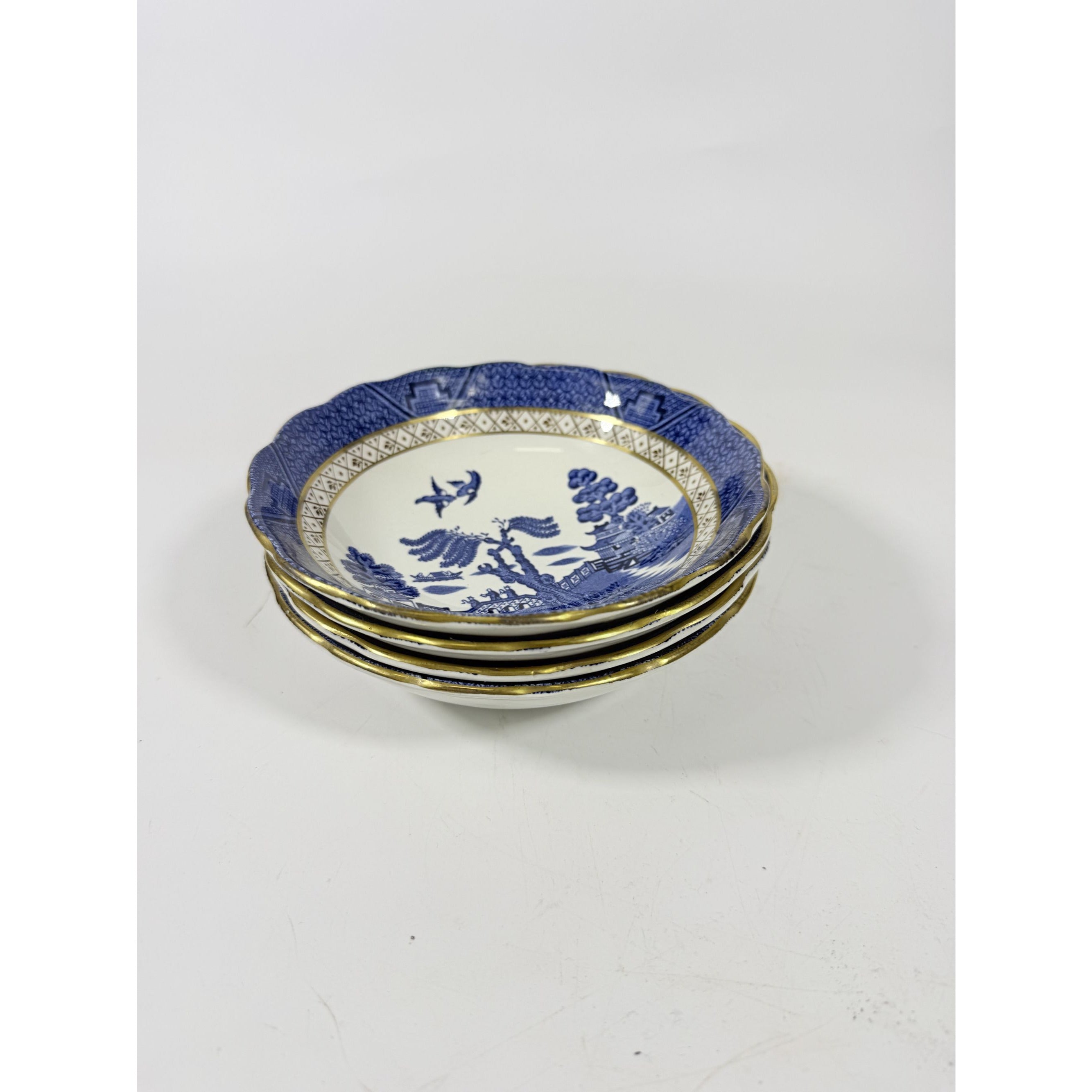 Bowl Coup Cereal Set 4 Booths Real Old Willow Blue Gold Trim Vintage Replacement China Traditional Oriental Chinoiserie England