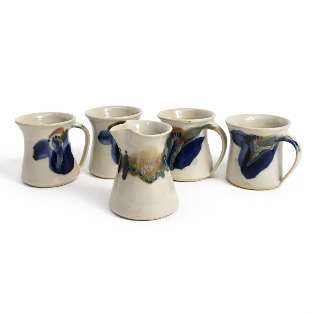 Pottery Mugs Set 4 Creamer Ardens Hill North Carolina Ceramics Vintage Hand Thrown Drip Glaze Design Replacement China Cream Blue Earthtone
