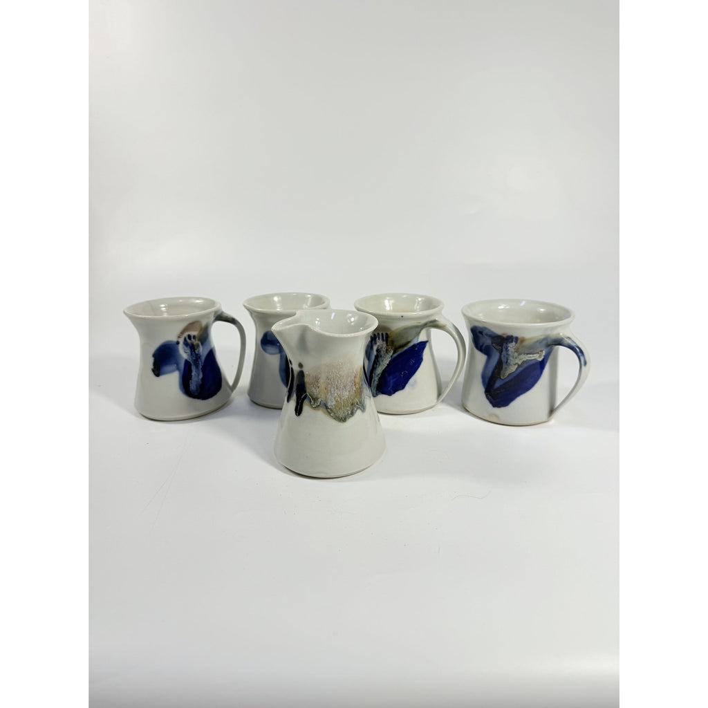 Pottery Mugs Set 4 Creamer Ardens Hill North Carolina Ceramics Vintage Hand Thrown Drip Glaze Design Replacement China Cream Blue Earthtone
