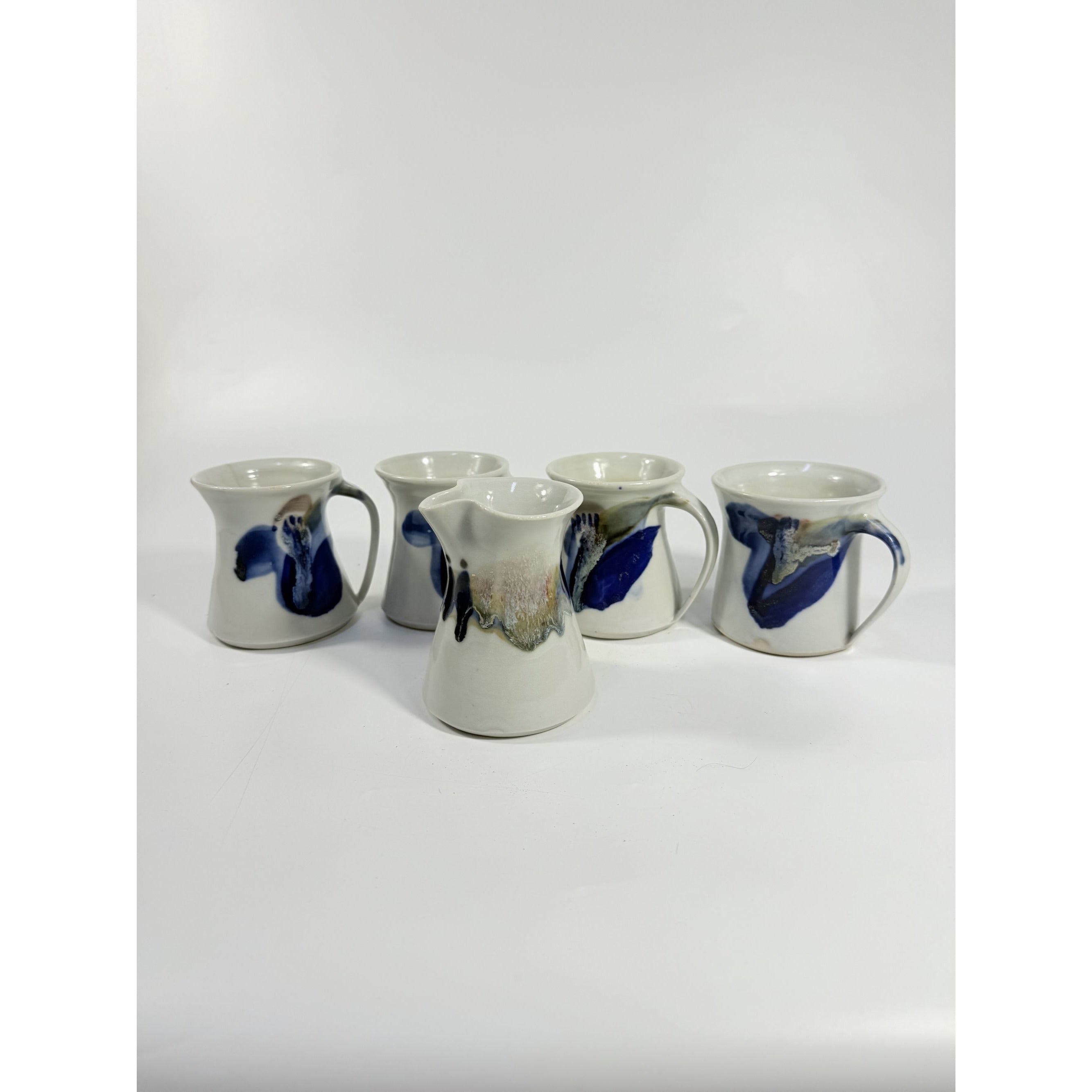 Pottery Mugs Set 4 Creamer Ardens Hill North Carolina Ceramics Vintage Hand Thrown Drip Glaze Design Replacement China Cream Blue Earthtone