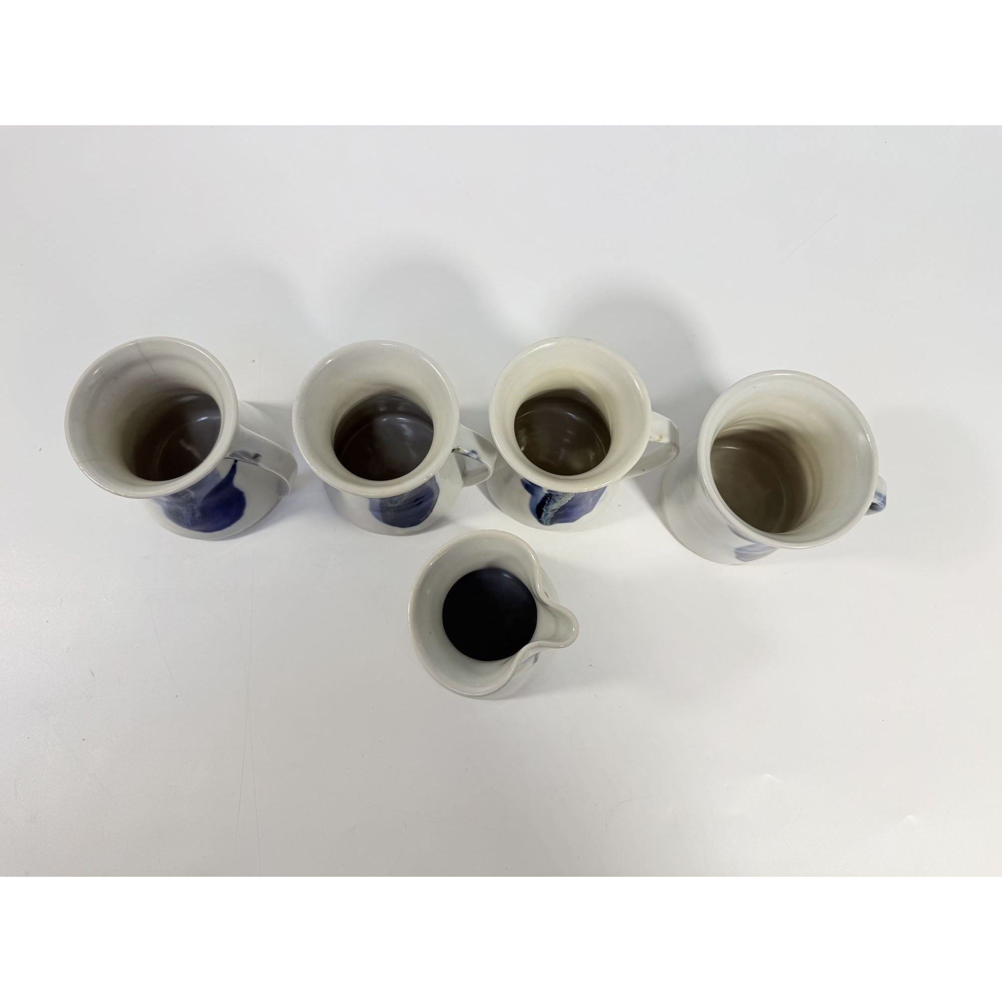 Pottery Mugs Set 4 Creamer Ardens Hill North Carolina Ceramics Vintage Hand Thrown Drip Glaze Design Replacement China Cream Blue Earthtone