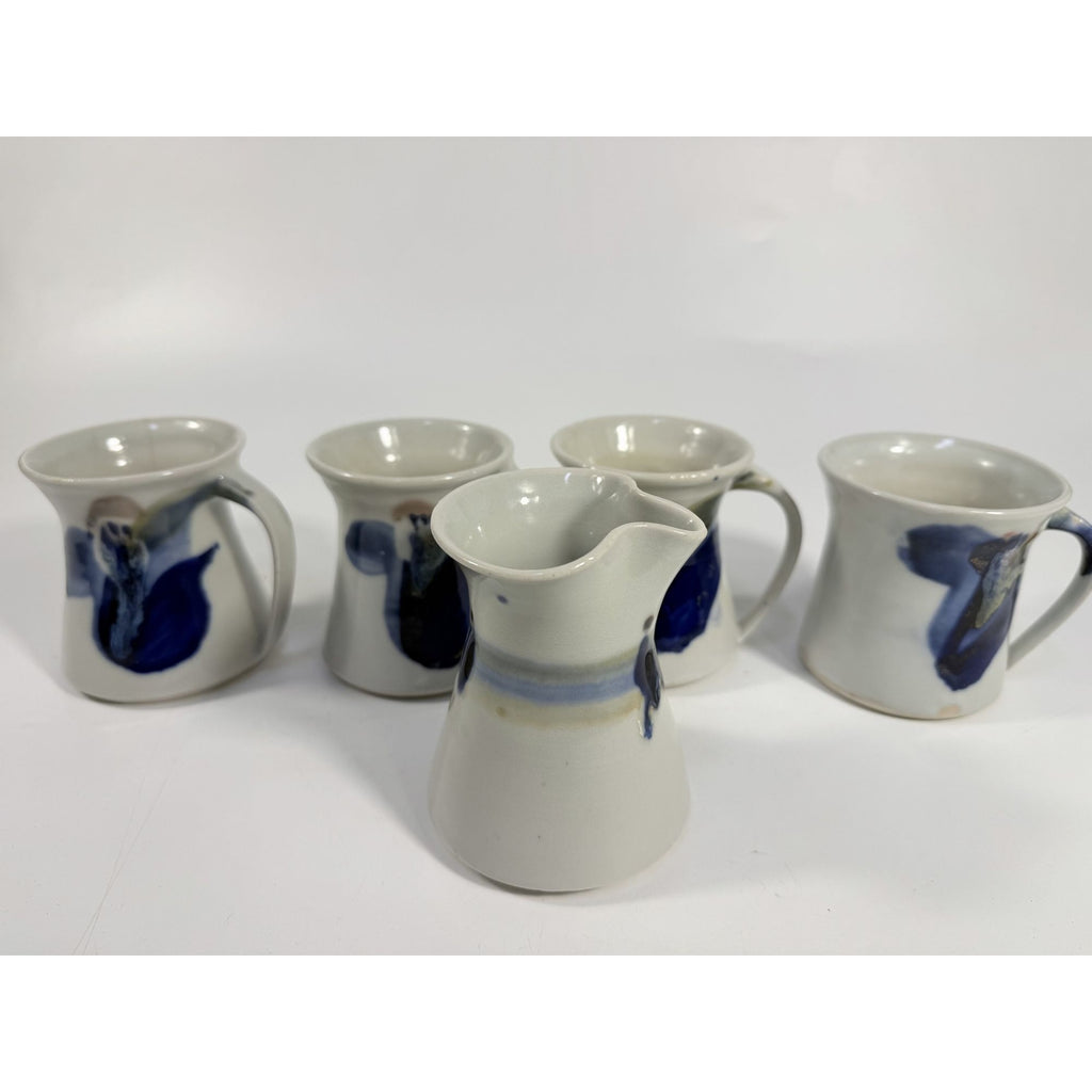 Pottery Mugs Set 4 Creamer Ardens Hill North Carolina Ceramics Vintage Hand Thrown Drip Glaze Design Replacement China Cream Blue Earthtone