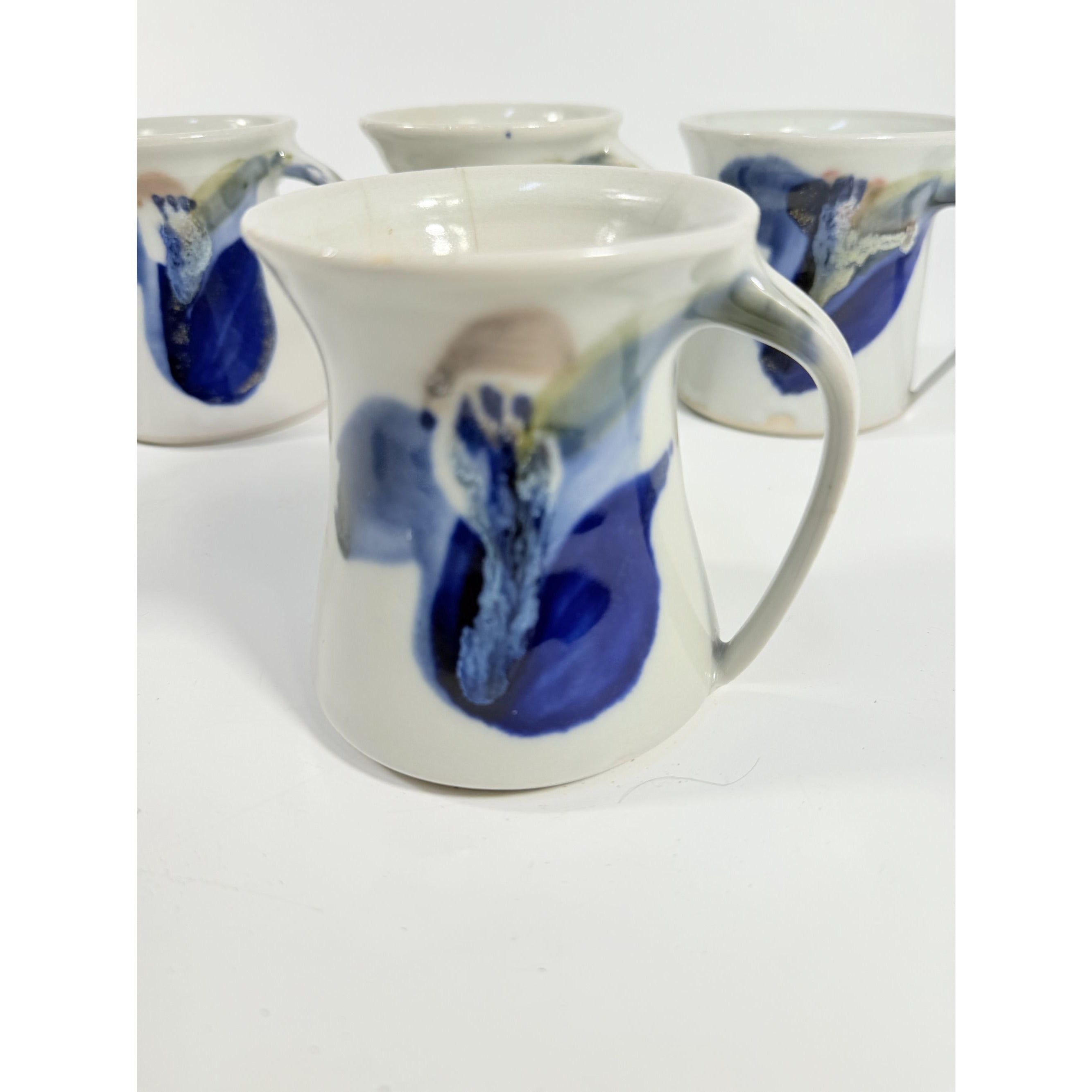 Pottery Mugs Set 4 Creamer Ardens Hill North Carolina Ceramics Vintage Hand Thrown Drip Glaze Design Replacement China Cream Blue Earthtone