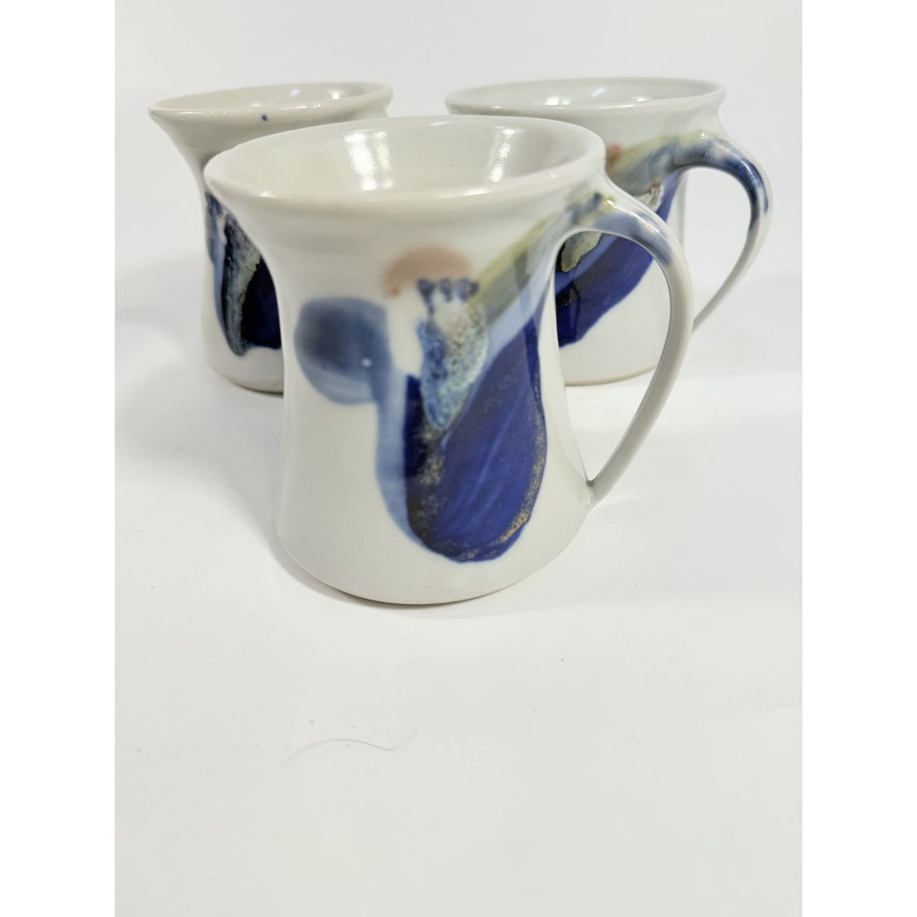 Pottery Mugs Set 4 Creamer Ardens Hill North Carolina Ceramics Vintage Hand Thrown Drip Glaze Design Replacement China Cream Blue Earthtone
