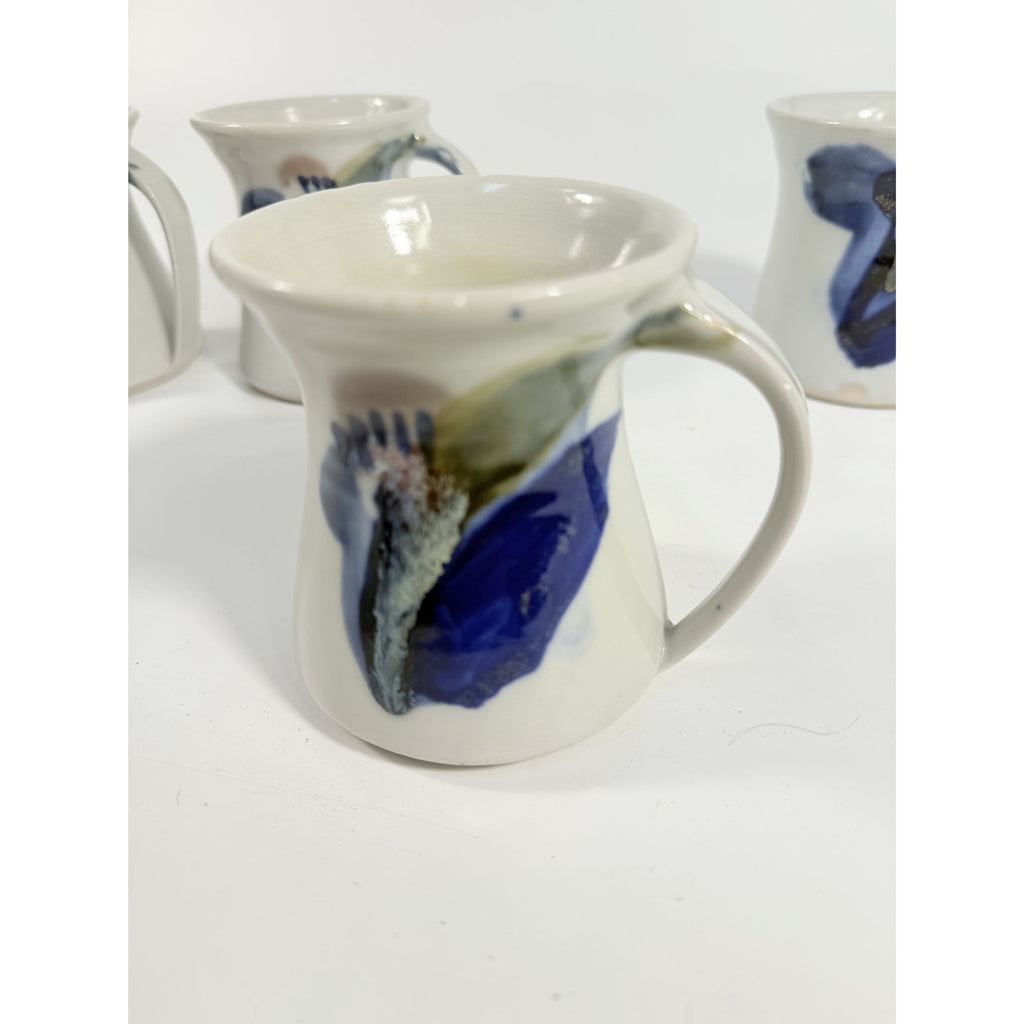 Pottery Mugs Set 4 Creamer Ardens Hill North Carolina Ceramics Vintage Hand Thrown Drip Glaze Design Replacement China Cream Blue Earthtone