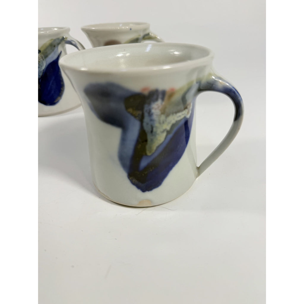 Pottery Mugs Set 4 Creamer Ardens Hill North Carolina Ceramics Vintage Hand Thrown Drip Glaze Design Replacement China Cream Blue Earthtone