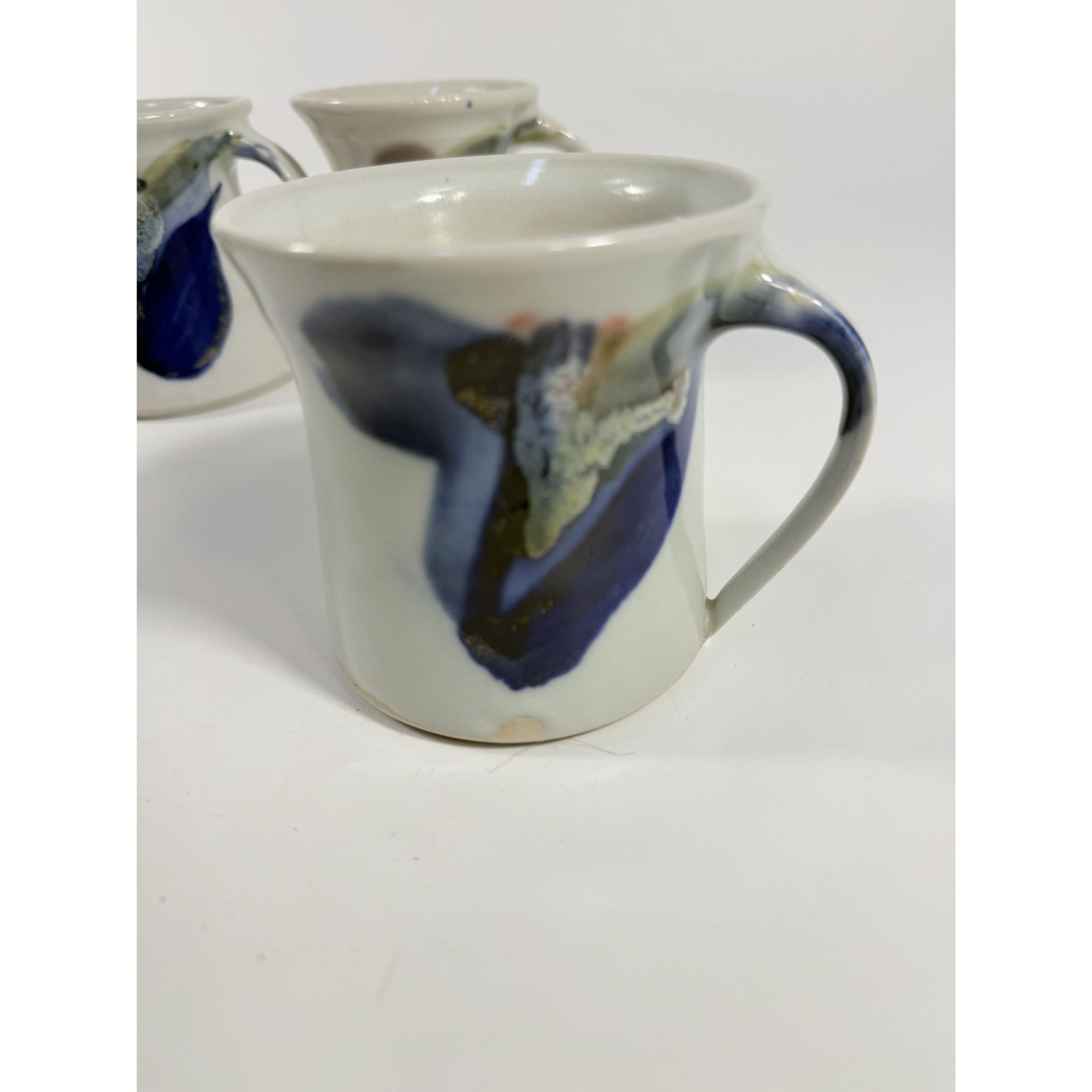 Pottery Mugs Set 4 Creamer Ardens Hill North Carolina Ceramics Vintage Hand Thrown Drip Glaze Design Replacement China Cream Blue Earthtone