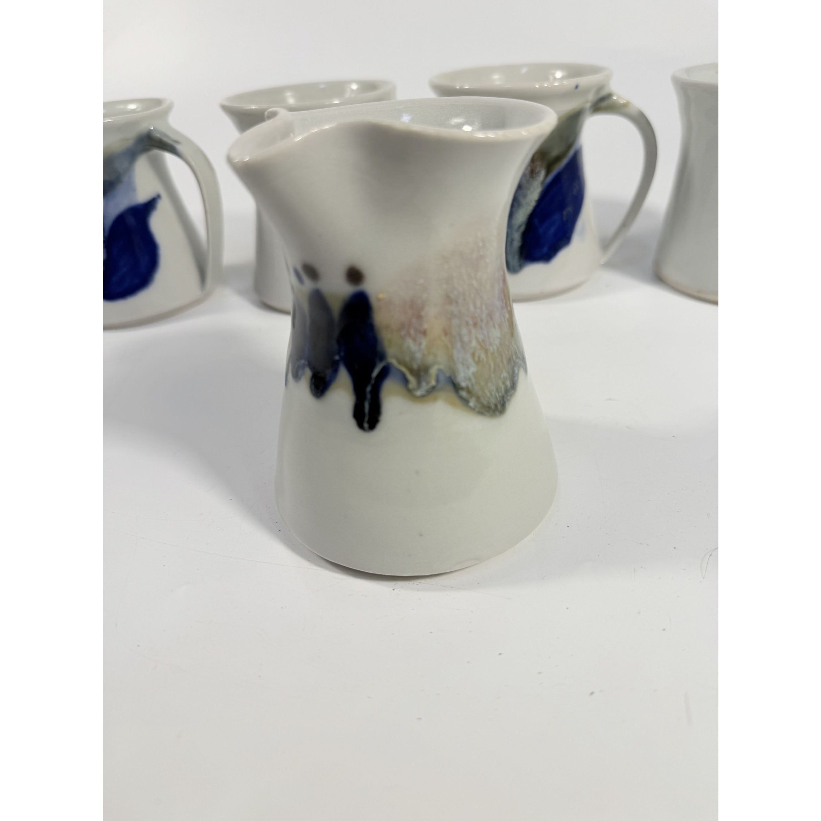 Pottery Mugs Set 4 Creamer Ardens Hill North Carolina Ceramics Vintage Hand Thrown Drip Glaze Design Replacement China Cream Blue Earthtone